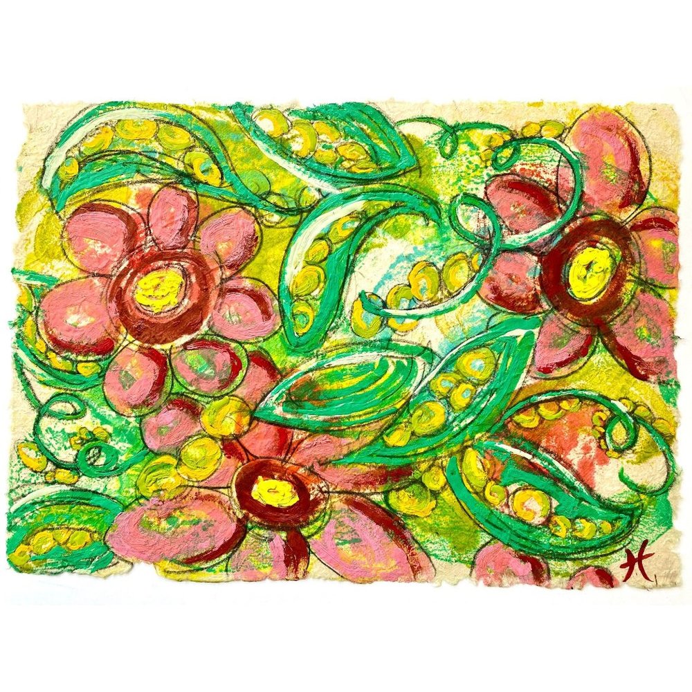 Sweet Peas Original Art Encaustic Wax Painting on Lokta Mulberry Paper